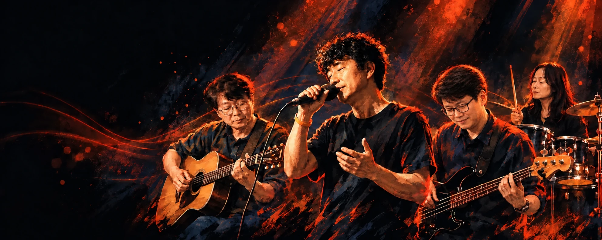 네 멤버가 함께 연주하는 모습을 그린 무대 일러스트